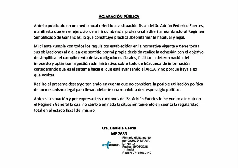 La contadora Daniela Garc�a aclar�, ante las versiones la situaci�n fiscal de Adri�n Fuertes