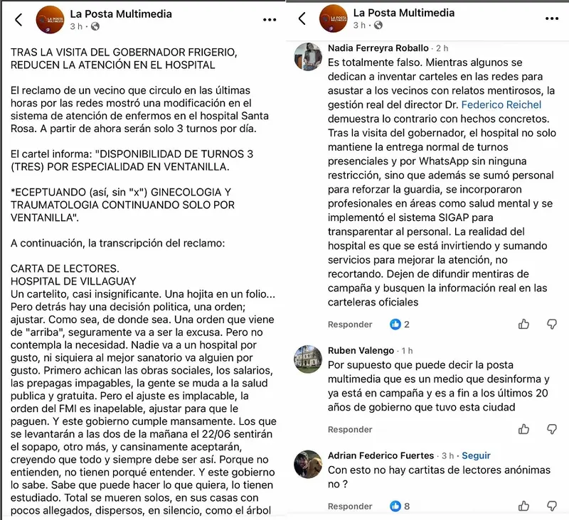 Federico Reichel: Es falsa la publicaci�n de La posta Multimedia sobre la reducci�n de la atenci�n del hospital Santa Rosa